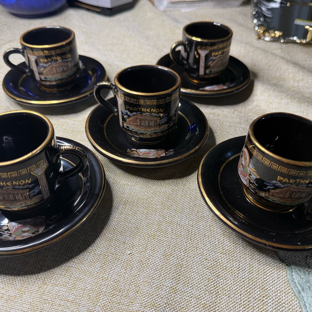 Vintage Greek Demitasse Espresso Set - 5 Cups & Saucers - Hand Made 24K Gold